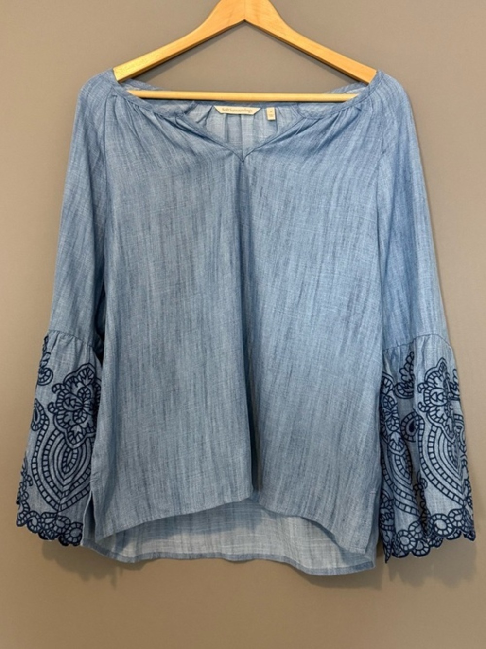 Soft Surroundings Embroidered Lyocell Long Bell Sleeve Peasant Blouse Blue Small